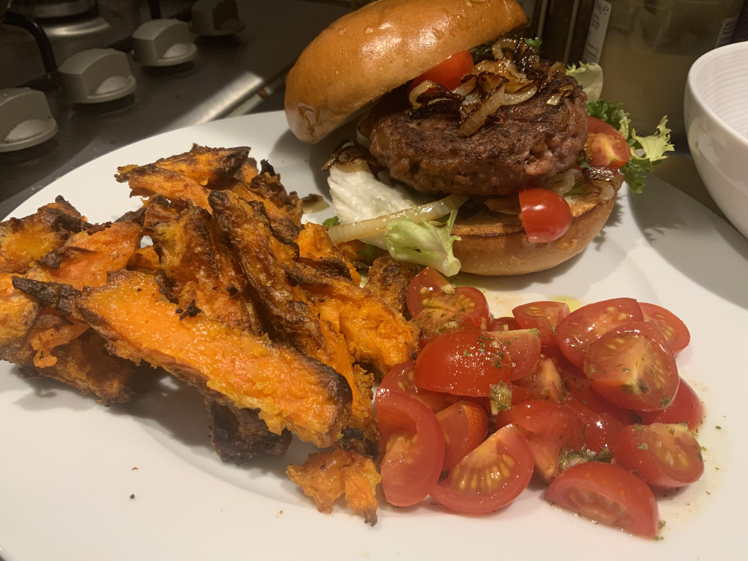 Burger and sweet potato fries